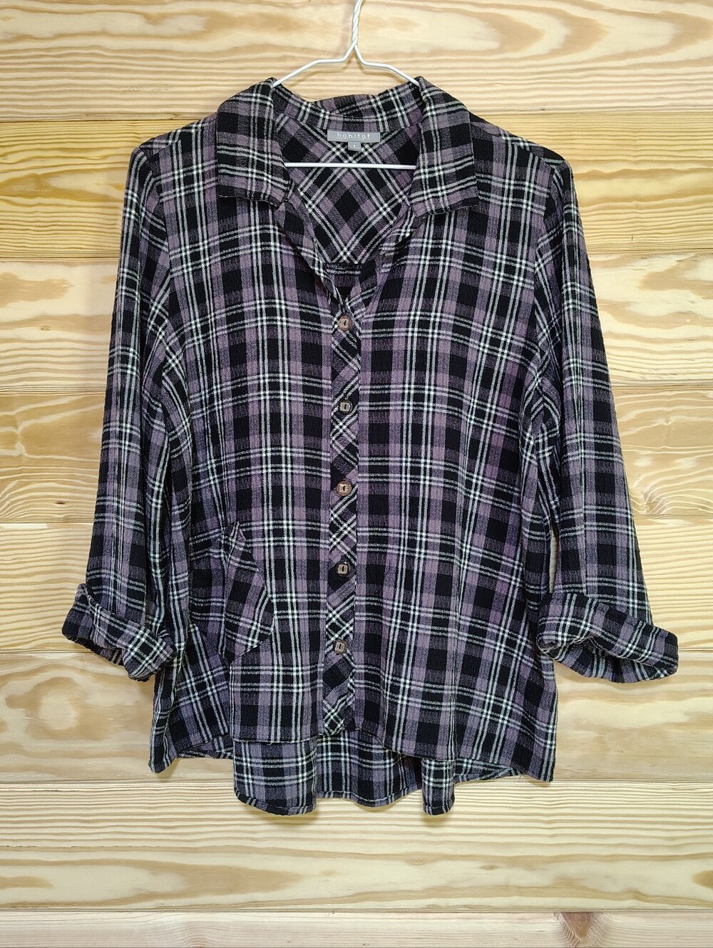 Habitat Top Purple Black Plaid Button-Down 3/4 Cuff Sleeves Grunge Western Cozy